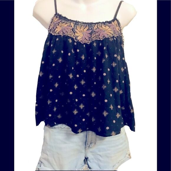 American Eagle Outfitters Flowy Floral Embroidery Boho Peasant Top Medium Blue - Picture 1 of 10